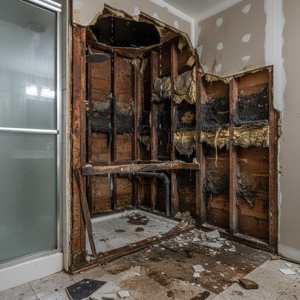 Water damaged shower wall showing mold growth and structural deterioration requiring full remodel