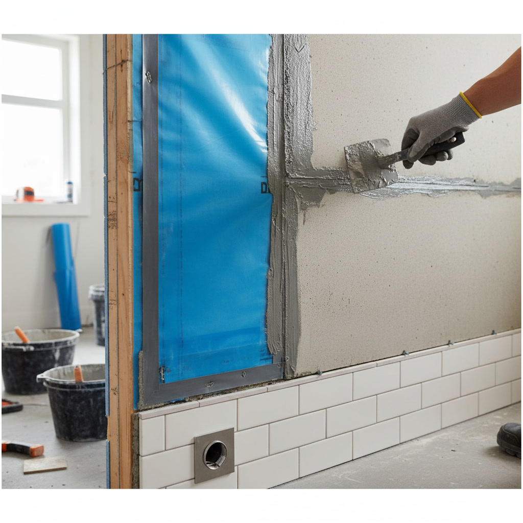 professional waterproof membrane installation on shower walls