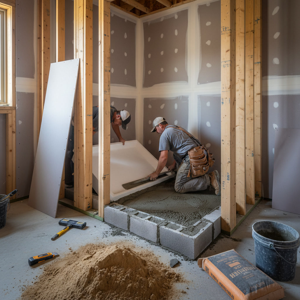 Waterproof shower pan installation with proper slope toward drain