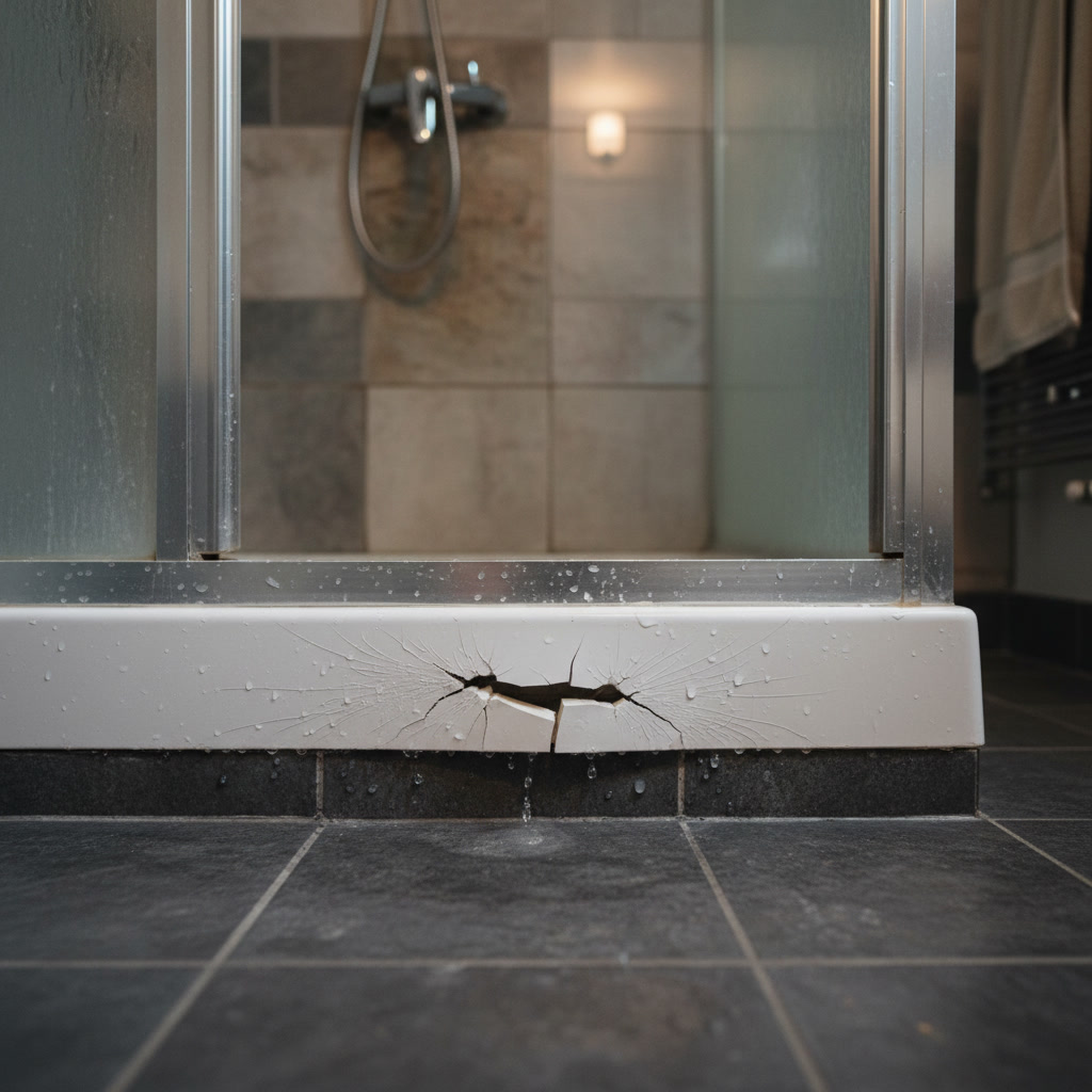 Cracked fiberglass shower base with visible structural damage and water leakage