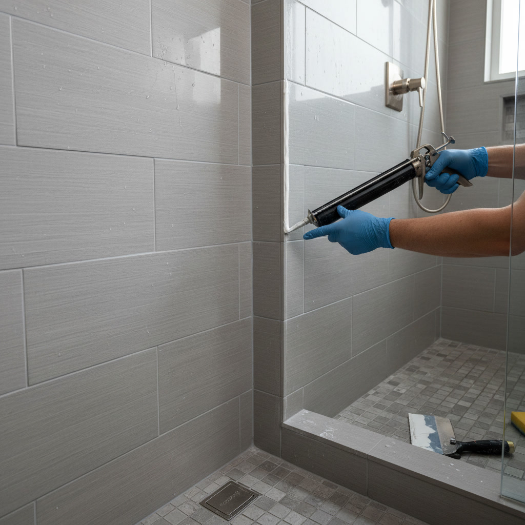Finished walk-in shower with tile walls and glass enclosure after installation