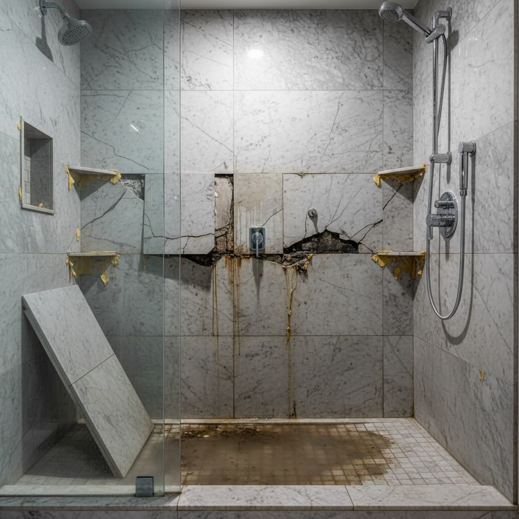 Professional shower remodel installation showing proper waterproofing and backer board preparation