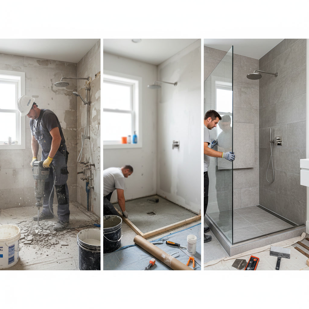 Modern walk-in shower installation with glass enclosure and tile walls